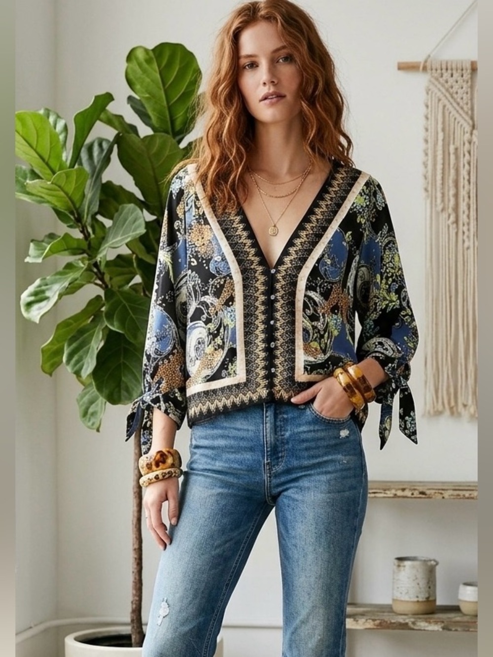 Free People Catch Me If You Can black blue Mixed Print Blouse Boho S